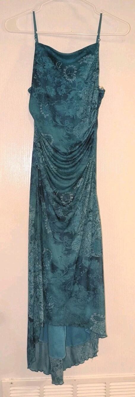 Vintage Y2K City Triangles Dress S Teal Paisley Ruched Fairycore Maxi Dress